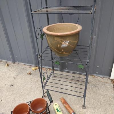 FOLDING NARROW METAL SHELF, GNOMES CLIMBING A LADDER, FLOWER POTS AND GARDEN TOOLS
