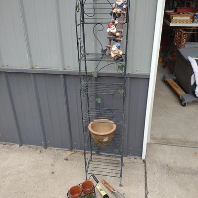 FOLDING NARROW METAL SHELF, GNOMES CLIMBING A LADDER, FLOWER POTS AND GARDEN TOOLS