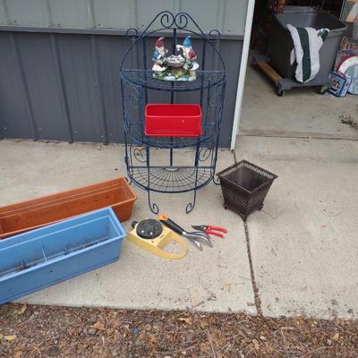 FLOWER POTS, FOLDING METAL SHELF, GARDEN GNOMES & TOOLS