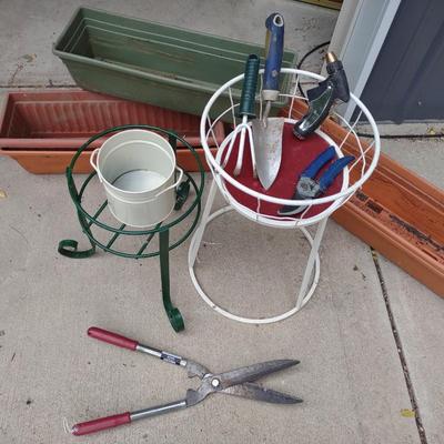PLANTERS AND PLANT STANDS PLUS GARDENING TOOLS