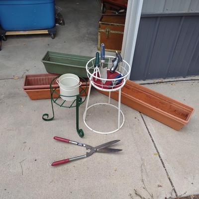 PLANTERS AND PLANT STANDS PLUS GARDENING TOOLS