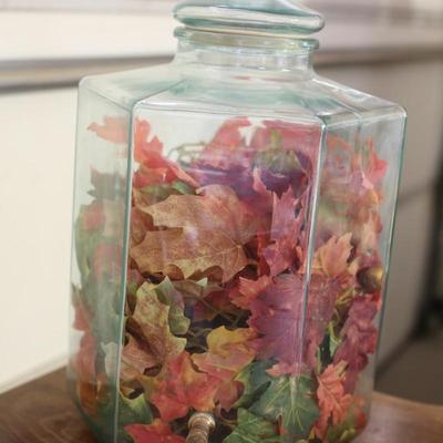 Sale Photo Thumbnail #8: Large glass beverage dispenser with fall leaves as decor inside