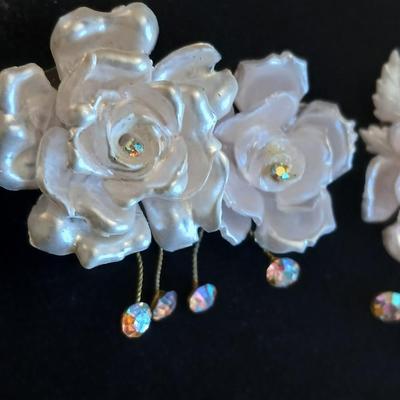 Vintage Floral Clip On Earrings- Acrylic rose with rhinestones -Faux Pearl, Crystal, Enamel and sweater guard clips