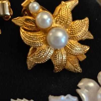 Vintage Floral Clip On Earrings- Acrylic rose with rhinestones -Faux Pearl, Crystal, Enamel and sweater guard clips