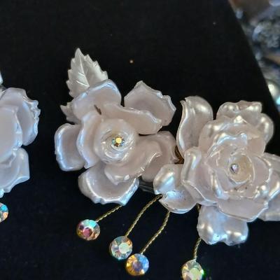 Vintage Floral Clip On Earrings- Acrylic rose with rhinestones -Faux Pearl, Crystal, Enamel and sweater guard clips