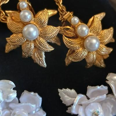 Vintage Floral Clip On Earrings- Acrylic rose with rhinestones -Faux Pearl, Crystal, Enamel and sweater guard clips