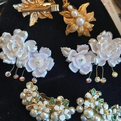 Vintage Floral Clip On Earrings- Acrylic rose with rhinestones -Faux Pearl, Crystal, Enamel and sweater guard clips