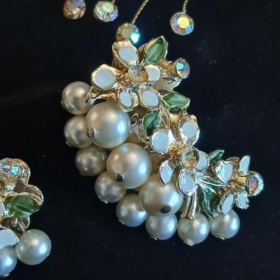 Vintage Floral Clip On Earrings- Acrylic rose with rhinestones -Faux Pearl, Crystal, Enamel and sweater guard clips