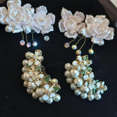 Vintage Floral Clip On Earrings- Acrylic rose with rhinestones -Faux Pearl, Crystal, Enamel and sweater guard clips