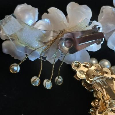 Vintage Floral Clip On Earrings- Acrylic rose with rhinestones -Faux Pearl, Crystal, Enamel and sweater guard clips