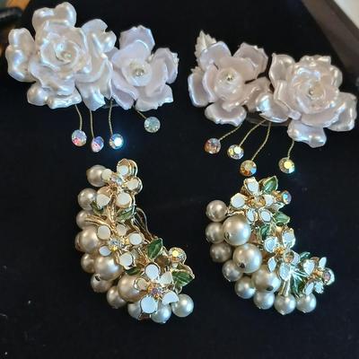 Vintage Floral Clip On Earrings- Acrylic rose with rhinestones -Faux Pearl, Crystal, Enamel and sweater guard clips