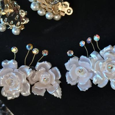 Vintage Floral Clip On Earrings- Acrylic rose with rhinestones -Faux Pearl, Crystal, Enamel and sweater guard clips