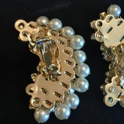 Vintage Floral Clip On Earrings- Acrylic rose with rhinestones -Faux Pearl, Crystal, Enamel and sweater guard clips