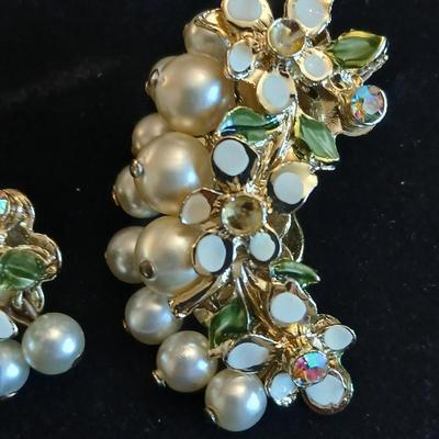 Vintage Floral Clip On Earrings- Acrylic rose with rhinestones -Faux Pearl, Crystal, Enamel and sweater guard clips