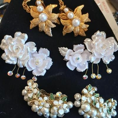 Vintage Floral Clip On Earrings- Acrylic rose with rhinestones -Faux Pearl, Crystal, Enamel and sweater guard clips