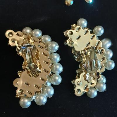 Vintage Floral Clip On Earrings- Acrylic rose with rhinestones -Faux Pearl, Crystal, Enamel and sweater guard clips