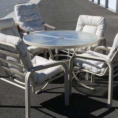 Sale Photo Thumbnail #77: 5 chairs a table and table cover 1 chair doesn't match 
Good shape