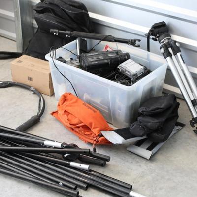 Sale Photo Thumbnail #146: Many pieces in this lot, camcorders, tripod, poles, microphone covers, and other misc.