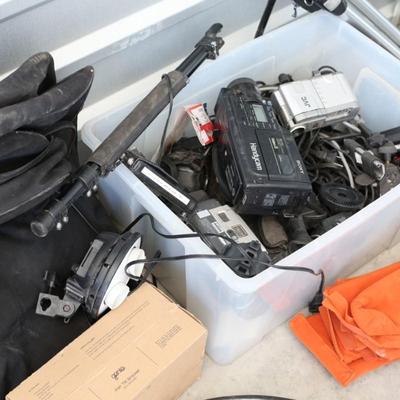 Sale Photo Thumbnail #147: Many pieces in this lot, camcorders, tripod, poles, microphone covers, and other misc.