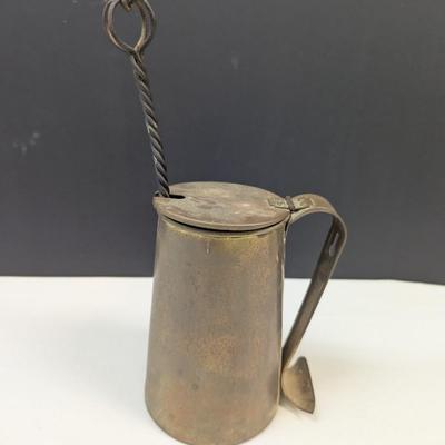 Sale Photo Thumbnail #1833: Antique Copper Brass Fire Starter Tankard Wrought Iron With Pumice