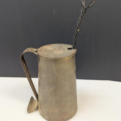 Sale Photo Thumbnail #1827: Antique Copper Brass Fire Starter Tankard Wrought Iron With Pumice