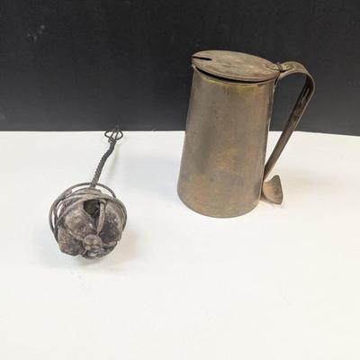 Sale Photo Thumbnail #1830: Antique Copper Brass Fire Starter Tankard Wrought Iron With Pumice