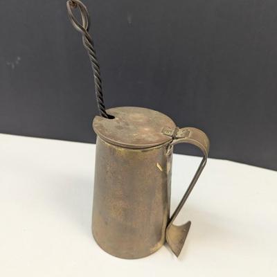 Sale Photo Thumbnail #1829: Antique Copper Brass Fire Starter Tankard Wrought Iron With Pumice
