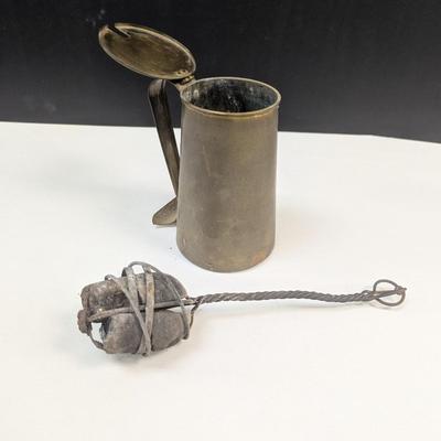 Sale Photo Thumbnail #1837: Antique Copper Brass Fire Starter Tankard Wrought Iron With Pumice