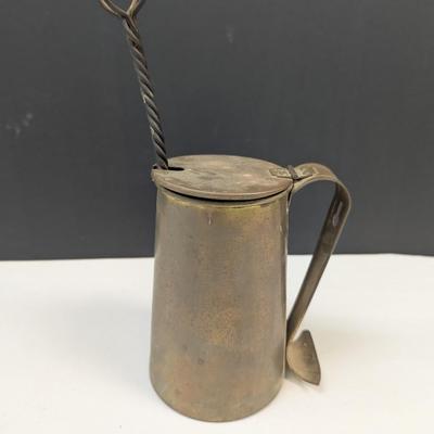 Sale Photo Thumbnail #1834: Antique Copper Brass Fire Starter Tankard Wrought Iron With Pumice