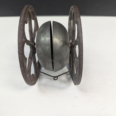 Sale Photo Thumbnail #655: Antique Victorian Cast Iron & Brass Rolling Bell Heart Design Pull Toy