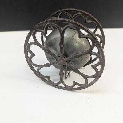 Sale Photo Thumbnail #654: Antique Victorian Cast Iron & Brass Rolling Bell Heart Design Pull Toy