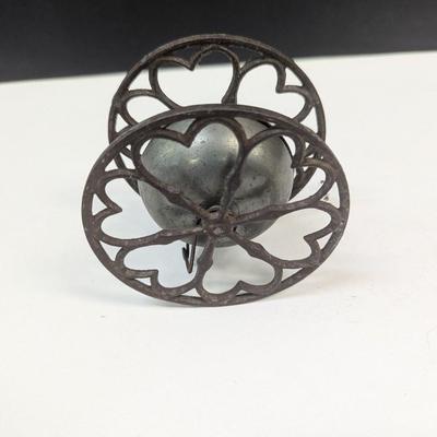 Sale Photo Thumbnail #656: Antique Victorian Cast Iron & Brass Rolling Bell Heart Design Pull Toy