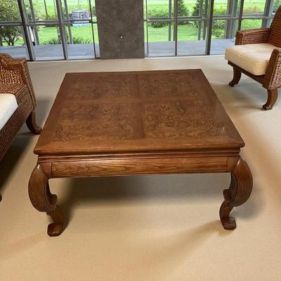 Sale Photo Thumbnail #107: Henredon Ming Coffee Table. Small blemish on the edge of the top (See Photos).  This table is very heavy.
43"X43"X16"