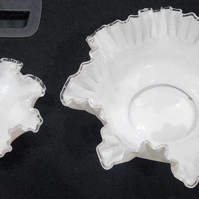 Sale Photo Thumbnail #22: Fenton Crimp & Ruffle Double Silver Crest White Milk Glass 10.5" Vintage Bowls. 
Receive both items pictured and are in great condition.