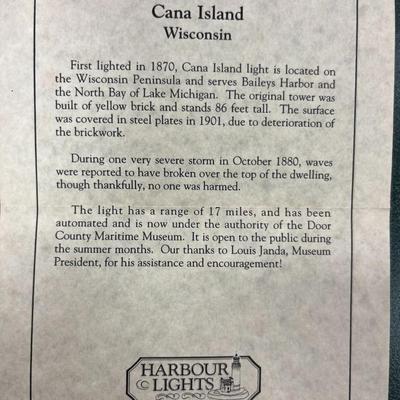 Sale Photo Thumbnail #128: Harbour Light Cana Island Lighthouse and Box.  #119   This lighthouse was introduced in January 1992 and retired in September 1995.  It includes the Certificate of Authenticity
Approximately  6.5" Tall