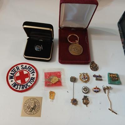 Assortment of award pins with a black fabric covered box
