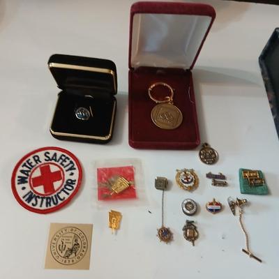 Assortment of award pins with a black fabric covered box