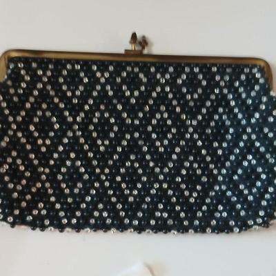 Vintage St. Thomas Black Clutch Evening Beaded purse with brooch pins -rhinestone and tea kettle and an embroidered cloth