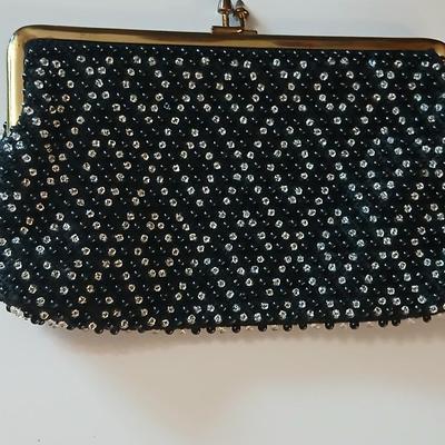 Vintage St. Thomas Black Clutch Evening Beaded purse with brooch pins -rhinestone and tea kettle and an embroidered cloth