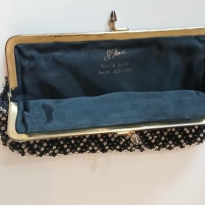 Vintage St. Thomas Black Clutch Evening Beaded purse with brooch pins -rhinestone and tea kettle and an embroidered cloth