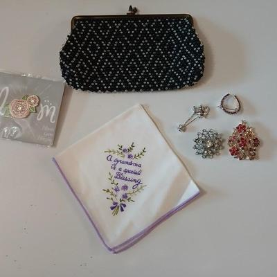 Vintage St. Thomas Black Clutch Evening Beaded purse with brooch pins -rhinestone and tea kettle and an embroidered cloth