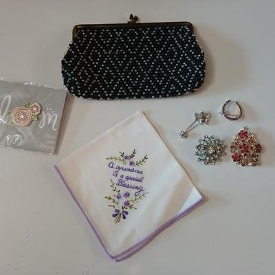 Vintage St. Thomas Black Clutch Evening Beaded purse with brooch pins -rhinestone and tea kettle and an embroidered cloth