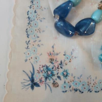 Floral silk scarf with two vintage blue beaded necklaces - pretty!