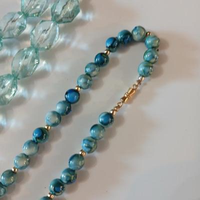 Floral silk scarf with two vintage blue beaded necklaces - pretty!