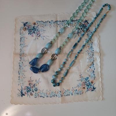 Floral silk scarf with two vintage blue beaded necklaces - pretty!