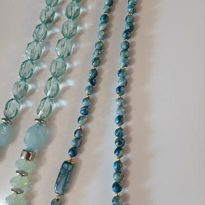 Floral silk scarf with two vintage blue beaded necklaces - pretty!