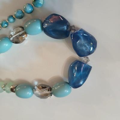 Floral silk scarf with two vintage blue beaded necklaces - pretty!