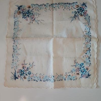Floral silk scarf with two vintage blue beaded necklaces - pretty!