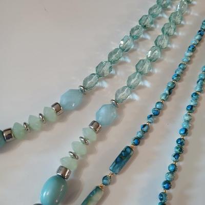 Floral silk scarf with two vintage blue beaded necklaces - pretty!