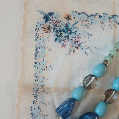 Floral silk scarf with two vintage blue beaded necklaces - pretty!